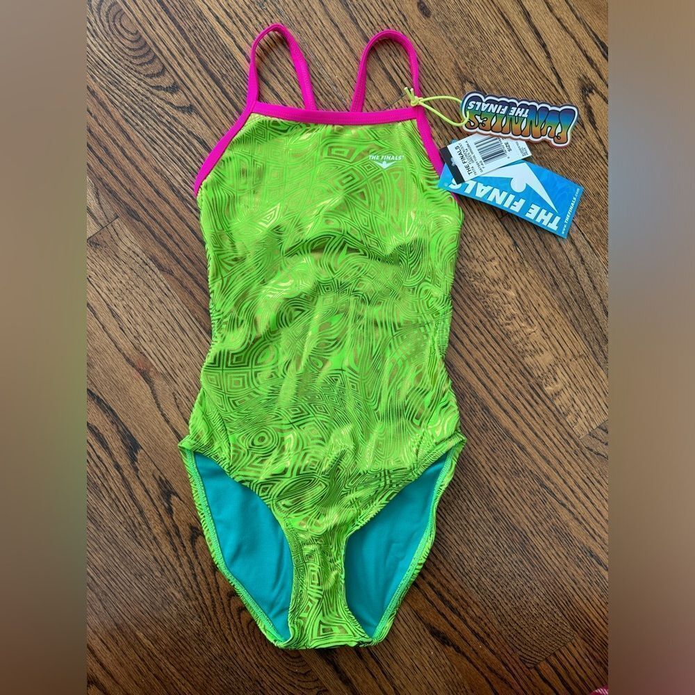 NWT New THE FINALS Athletic Racing Swimsuit Neon Green Hot Pink Gold Metallic